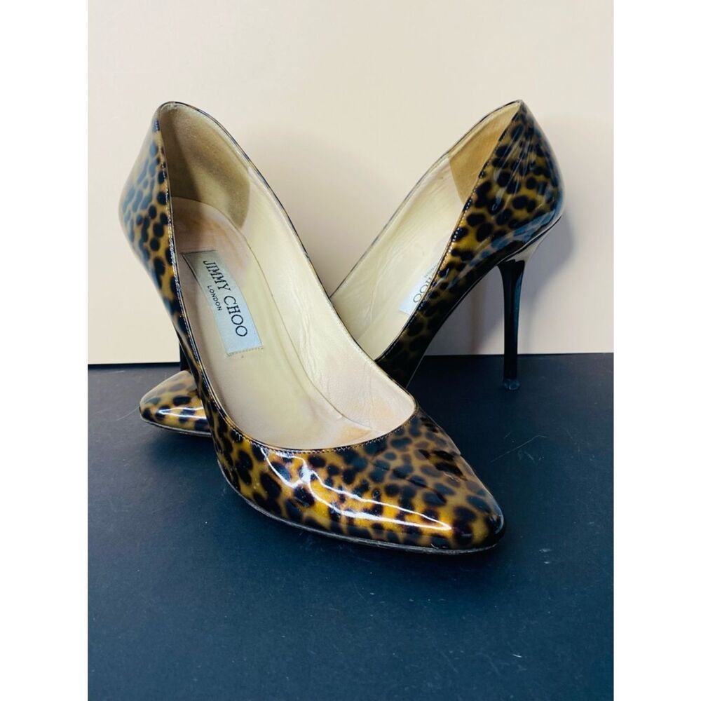 Jimmy Choo “Love 85” Leopard Print Patent Leather Size 38.5 Pumps -brown/black